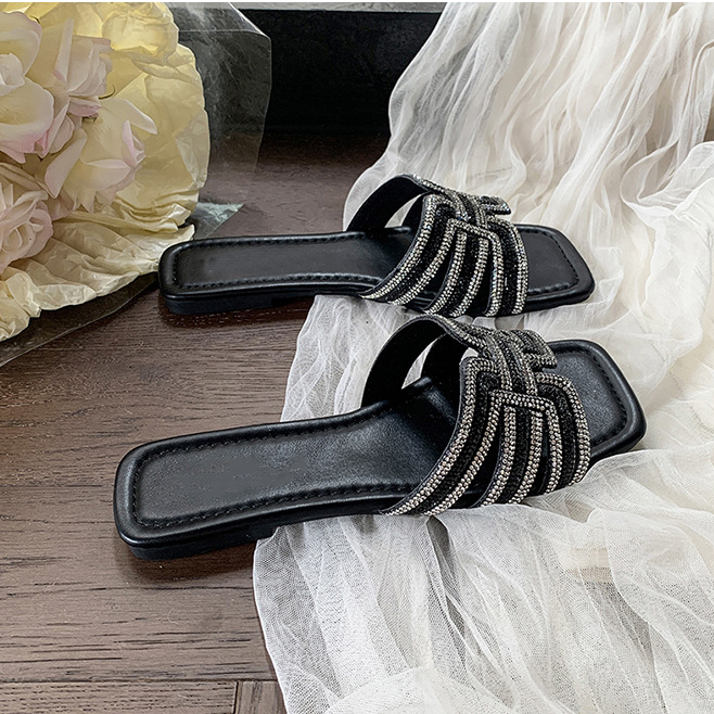Rhinestone Geometric Strap Square Toe Slide Sandals