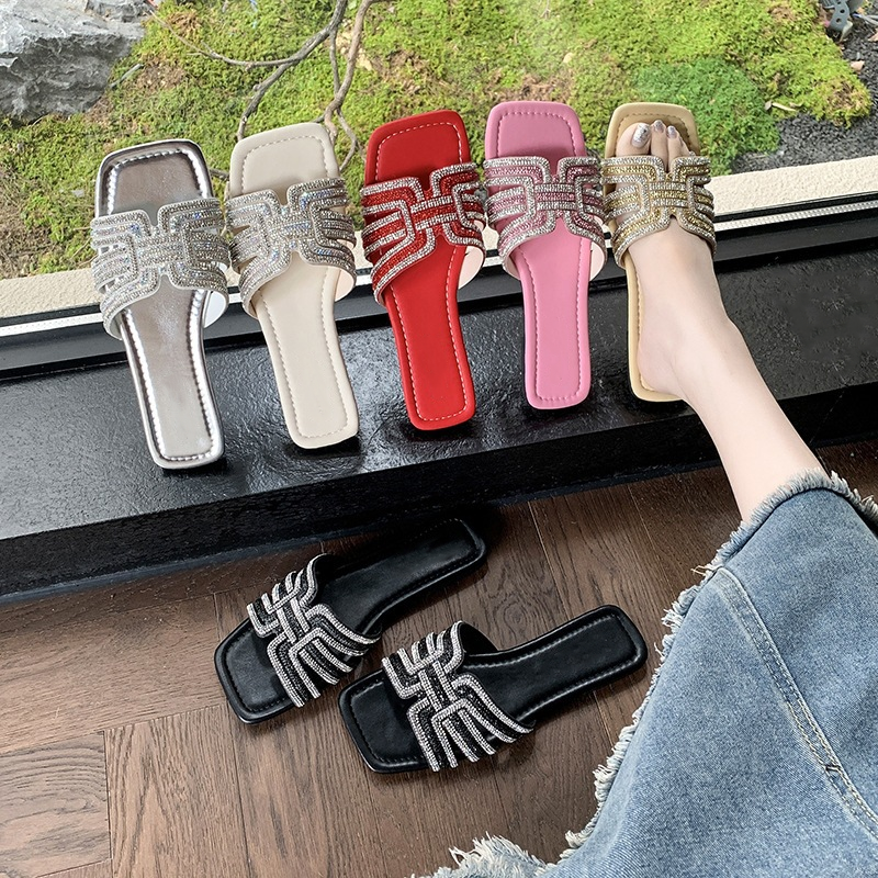 Rhinestone Geometric Strap Square Toe Slide Sandals