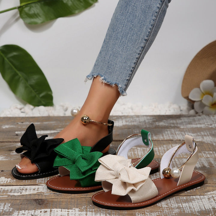 Flat bow pearl open-toe sandals