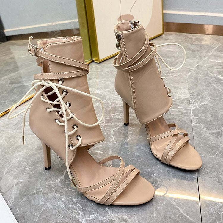 Strappy side zipper high-heeled sandals