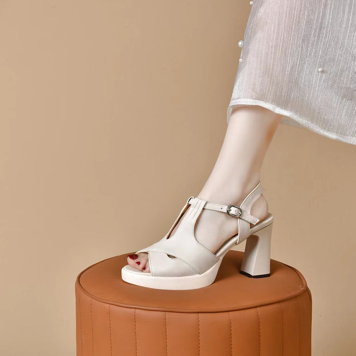 Open-toe genuine leather high heels