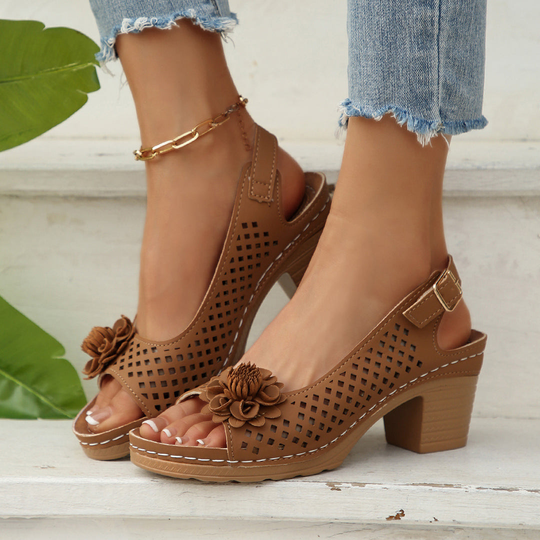 Flower Buckle Heel Sandals