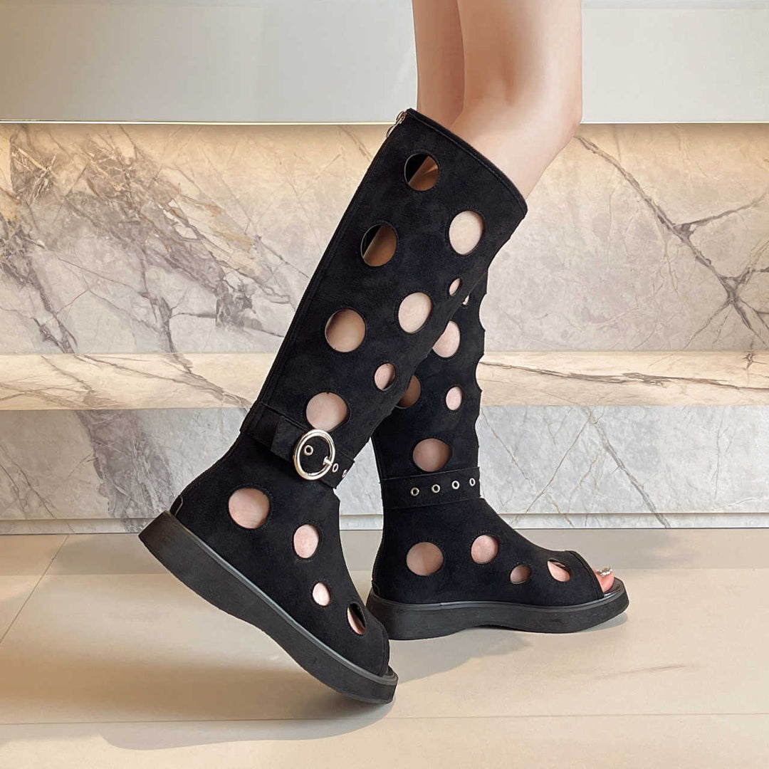Cut-out platform knee-high boots