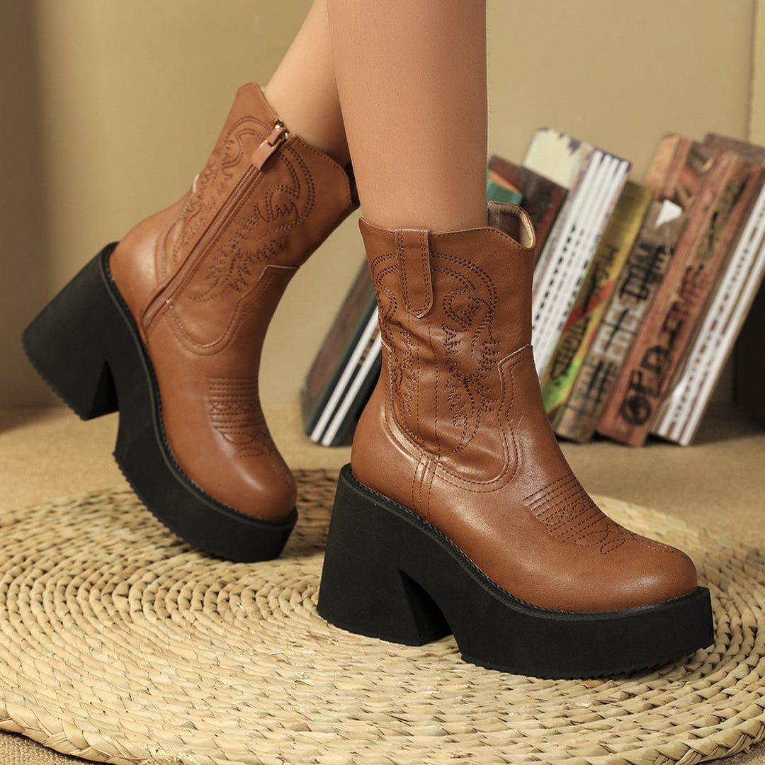 Embroidered platform ankle boots