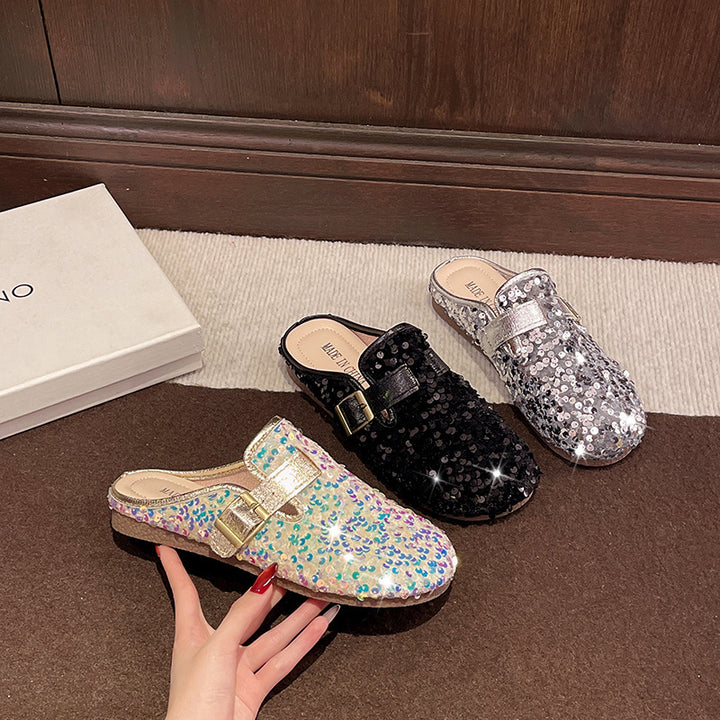 Flat-bottomed sequined half-length slippers