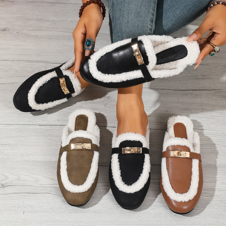 Fur Buckle Mule Slippers