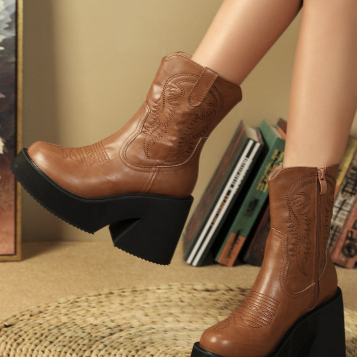 Embroidered platform ankle boots
