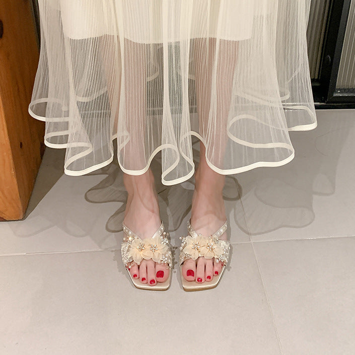 Camellia Square-Toe Low-Heel Sandals
