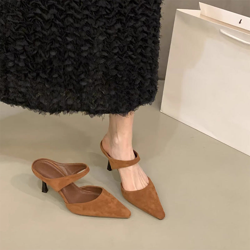 French-style pointed-toe high-heeled mules