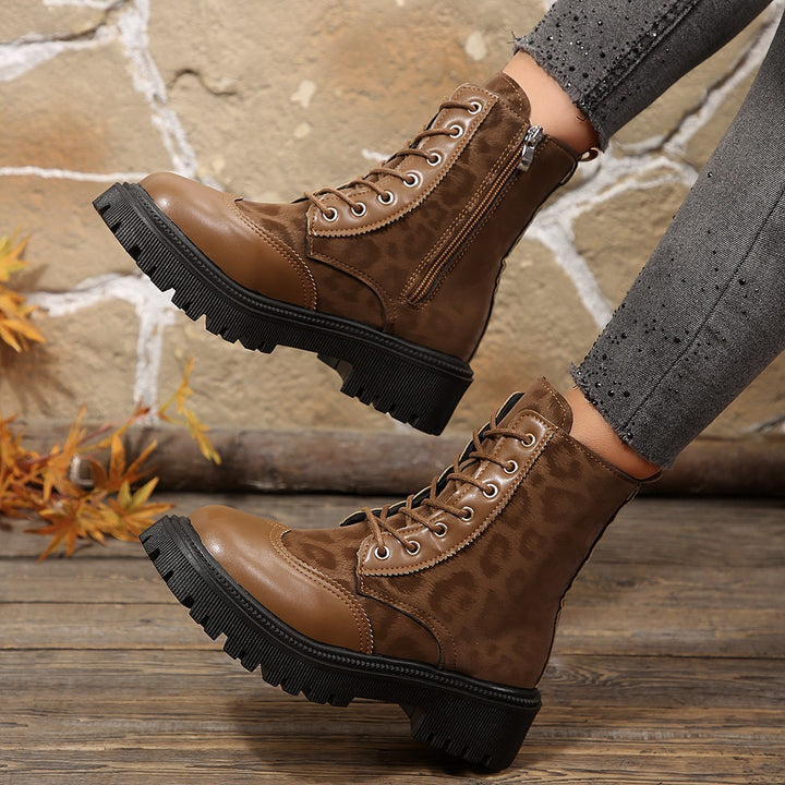 Leopard-print British-style combat boots