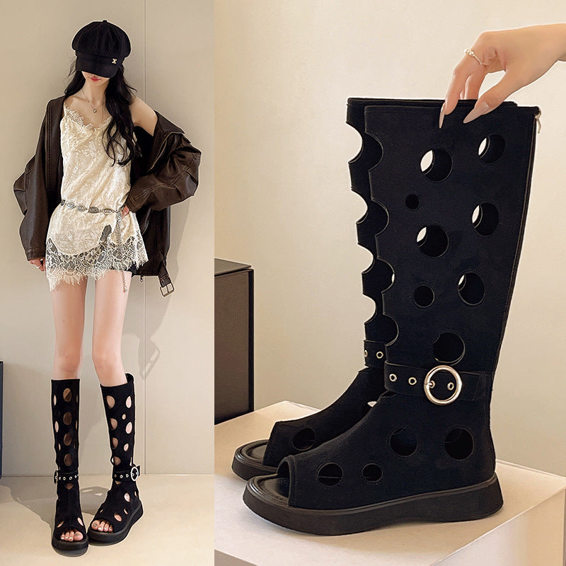 Cut-out platform knee-high boots