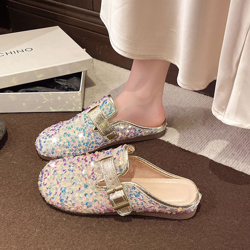 Flat-bottomed sequined half-length slippers