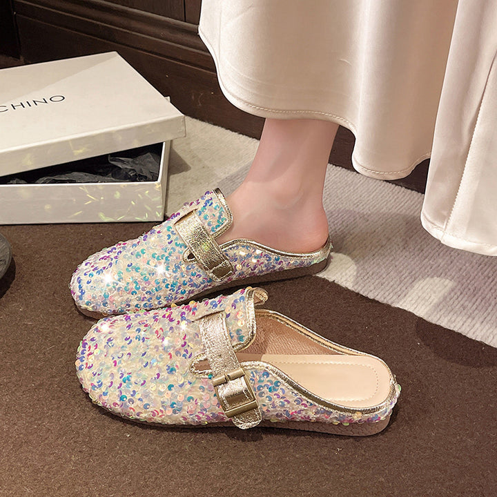 Flat-bottomed sequined half-length slippers
