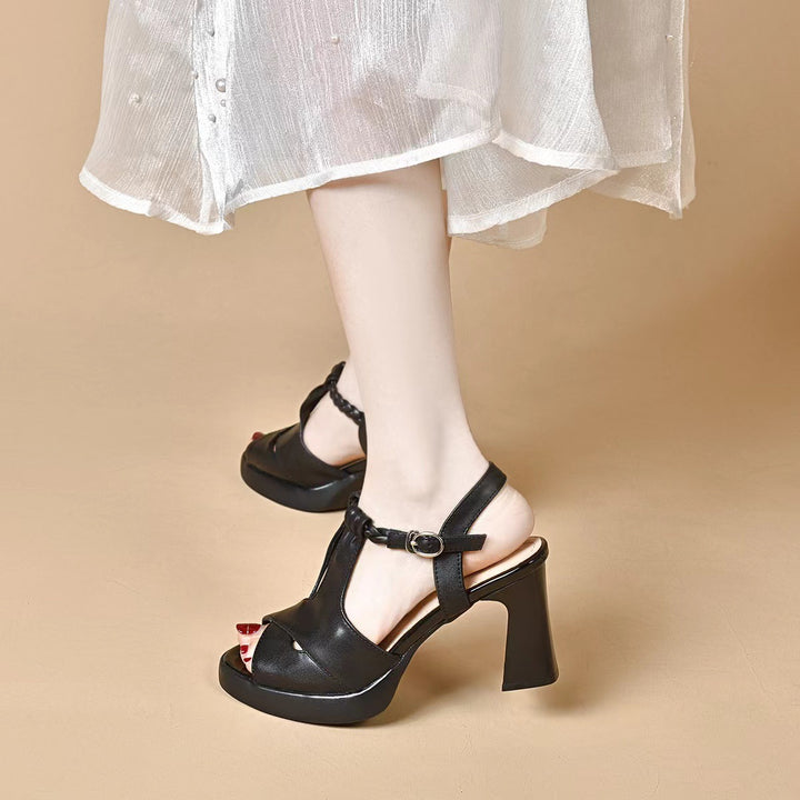 Open-toe genuine leather high heels