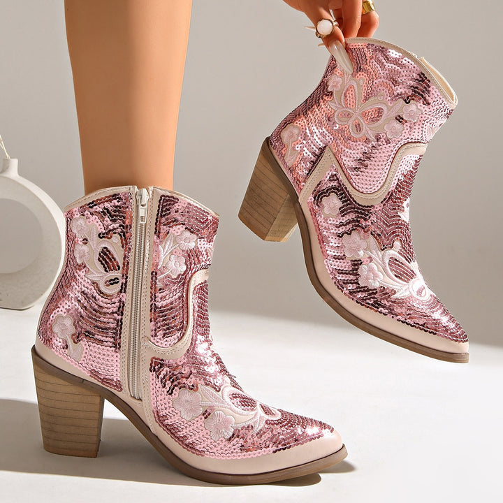Sequin Pointed Toe Heeled Boots