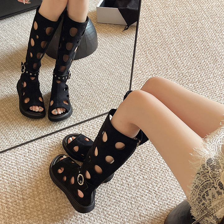 Cut-out platform knee-high boots