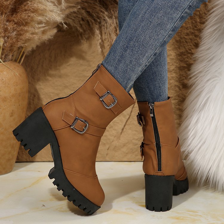 Back Zip Block Heel Ankle Booties