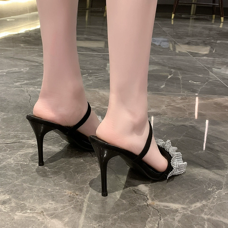 Rhinestone Ruffle Stiletto Heel Slide Sandals