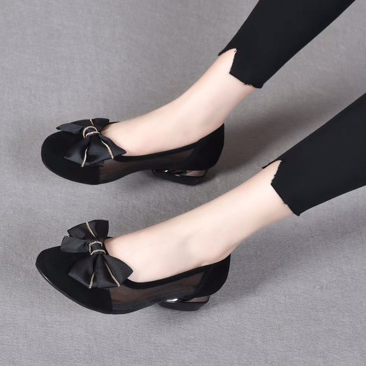 Mesh Rhinestone Bow Low Block Heel Pumps for Women