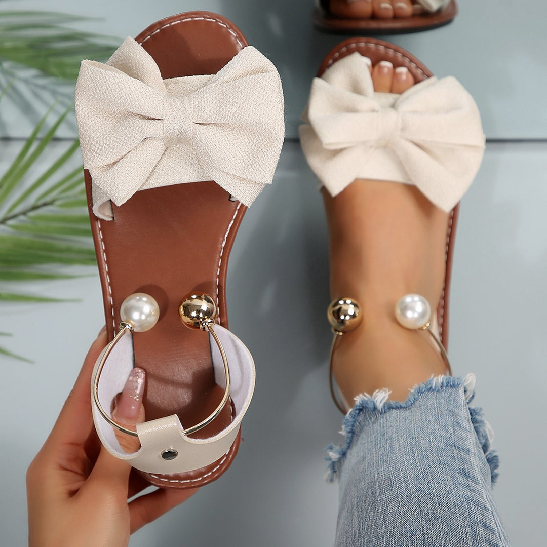 Flat bow pearl open-toe sandals