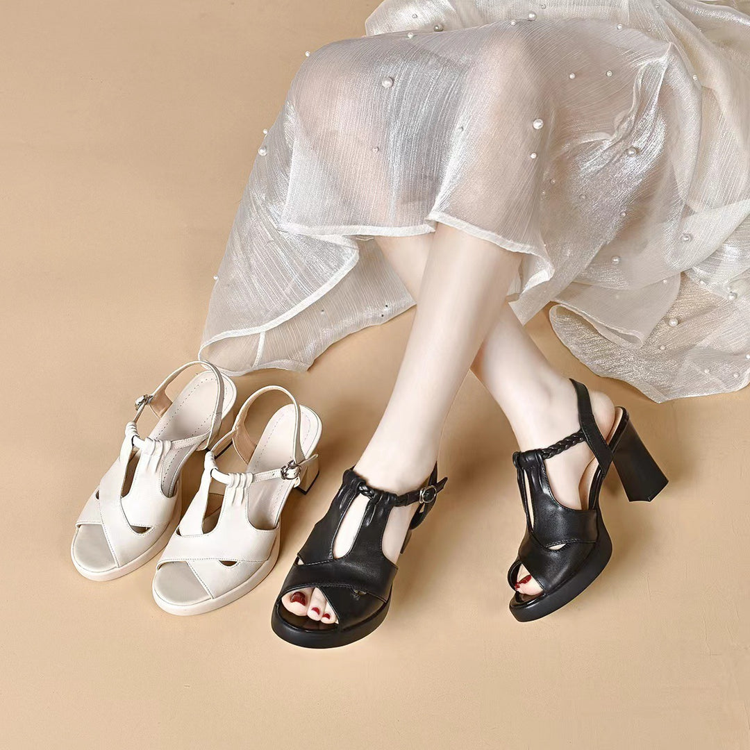 Open-toe genuine leather high heels