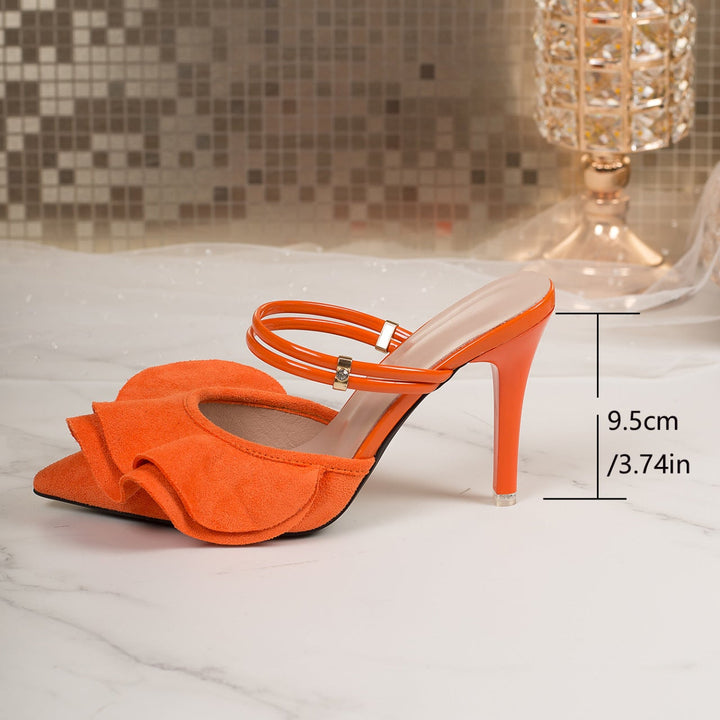 Two‑Wear Ruffle Pointed Toe Heeled Mules