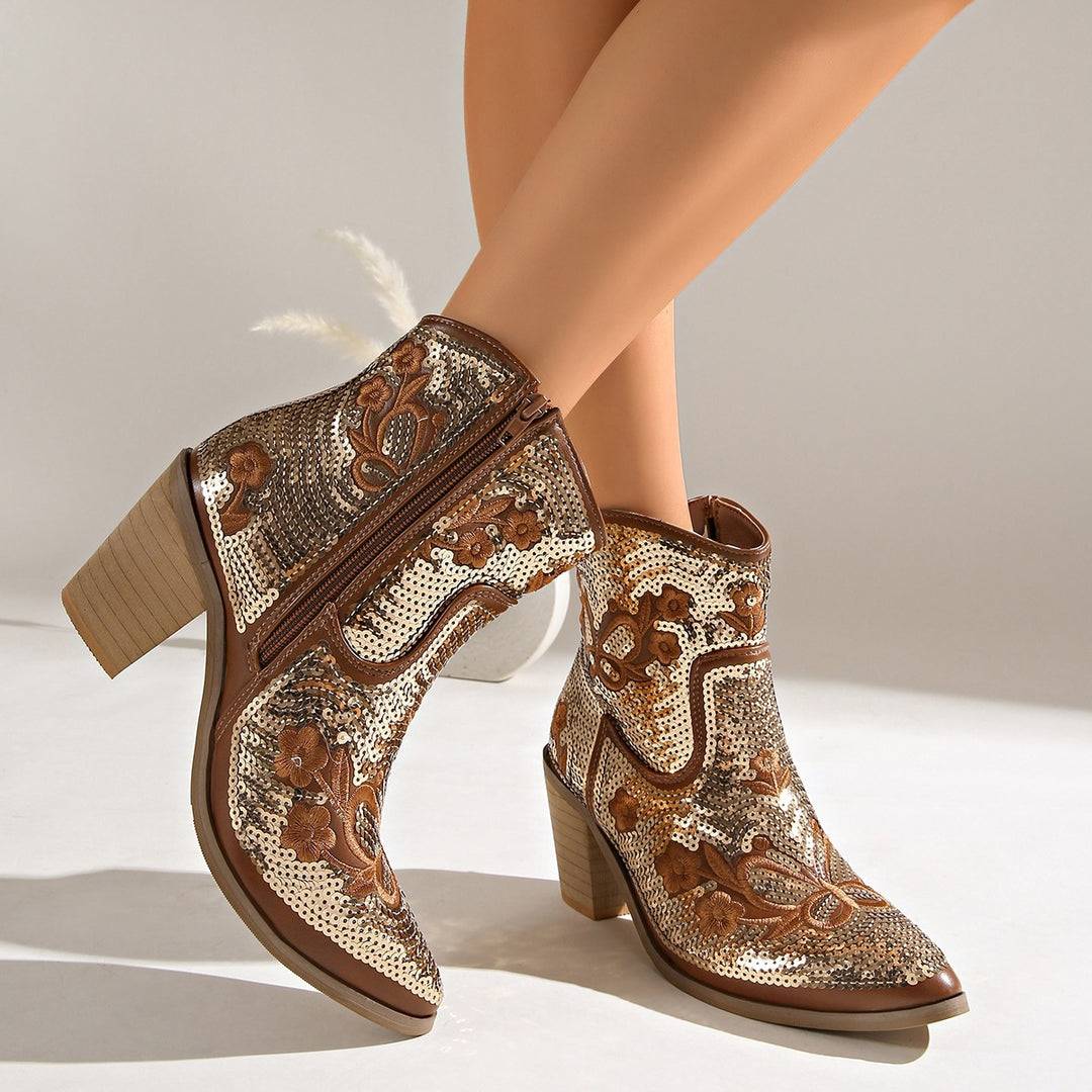 Sequin Pointed Toe Heeled Boots
