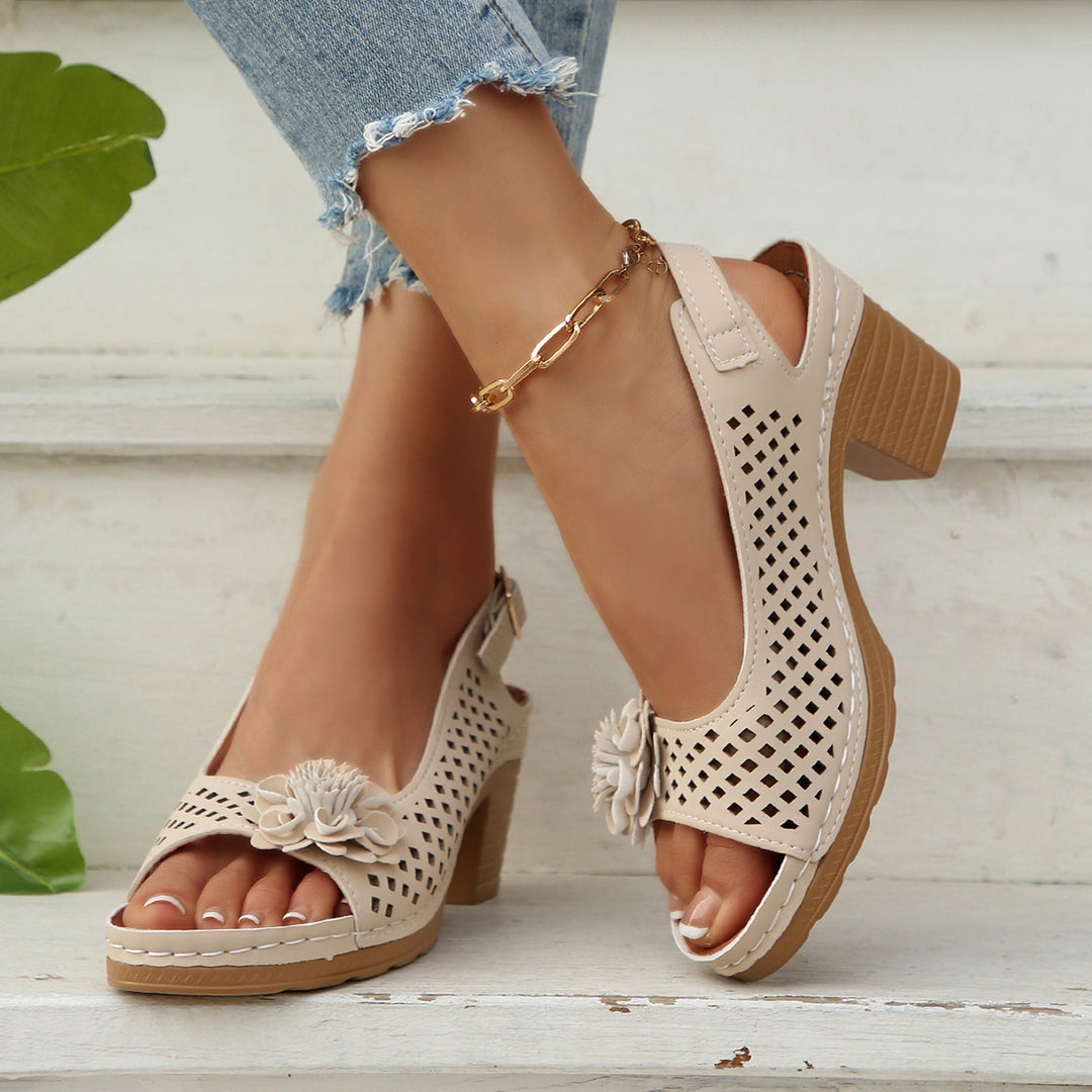 Flower Buckle Heel Sandals