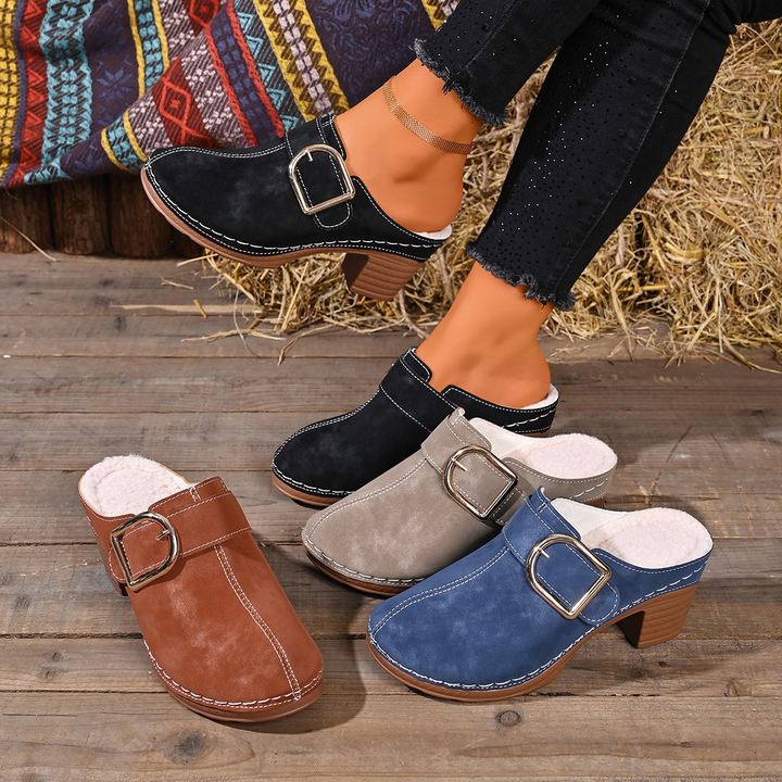 Warm Lined Buckle Decor Block Heel Clogs