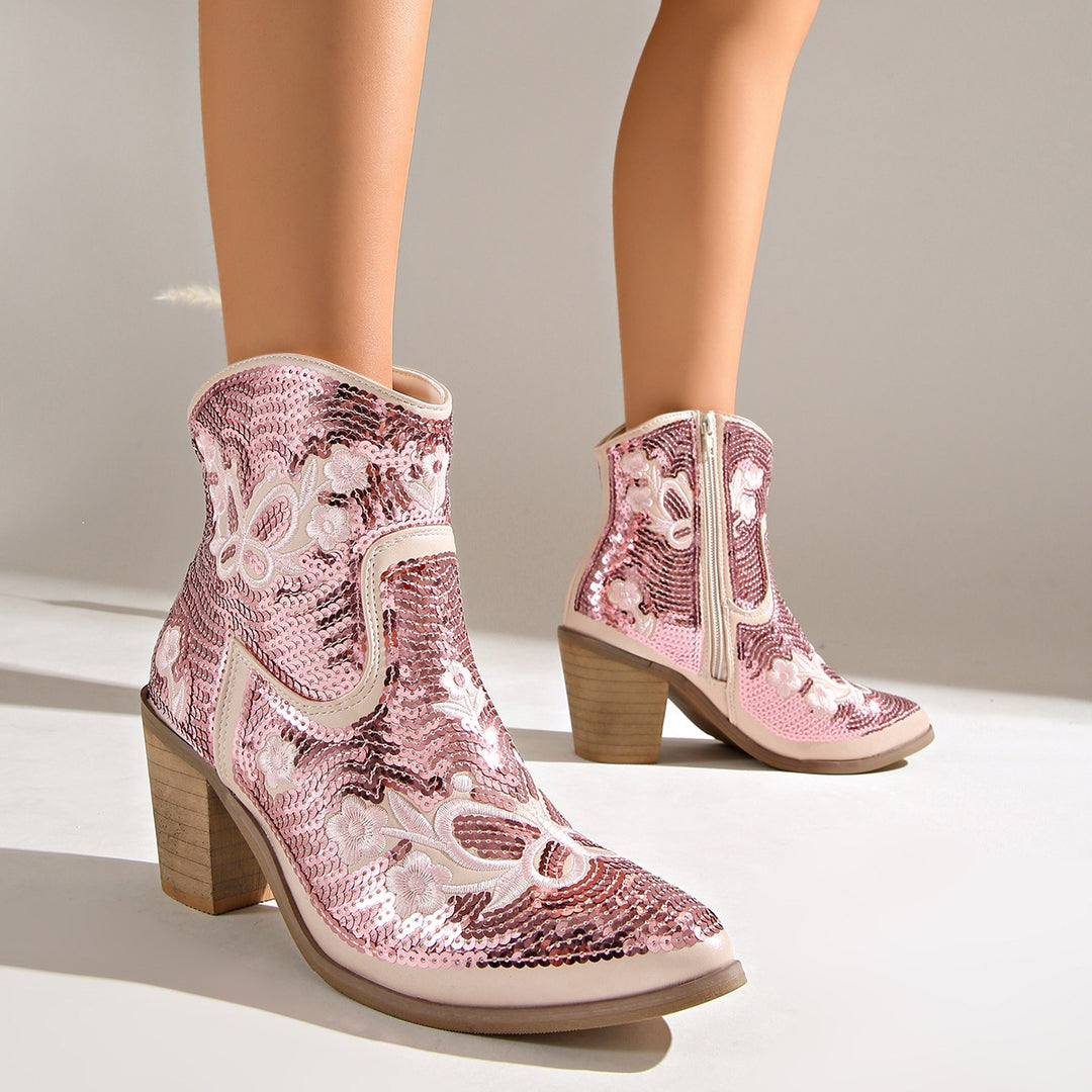 Sequin Pointed Toe Heeled Boots