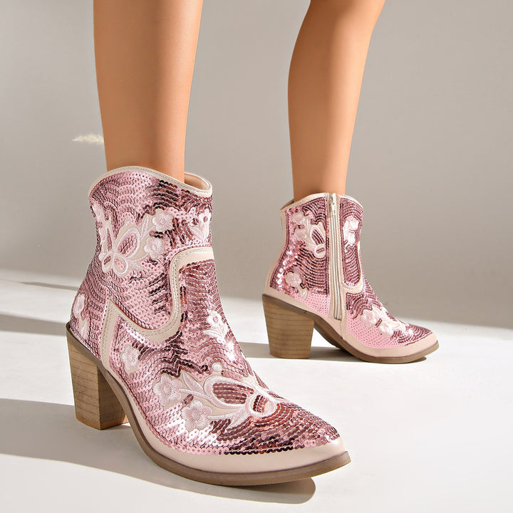Sequin Pointed Toe Heeled Boots