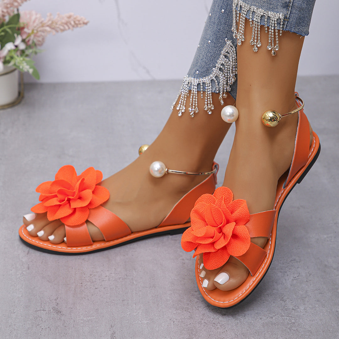 Floral Pearl Ankle Strap Flat Sandals