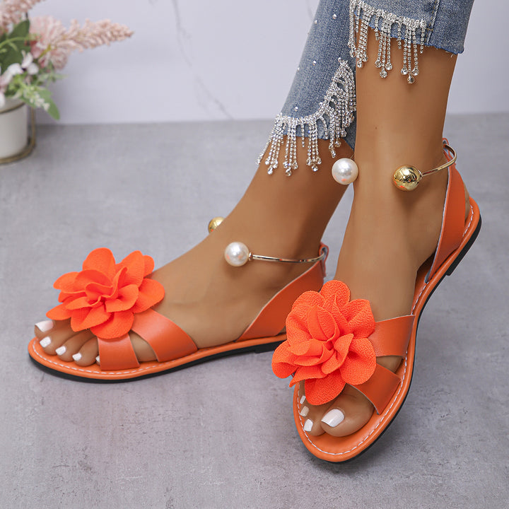 Floral Pearl Ankle Strap Flat Sandals