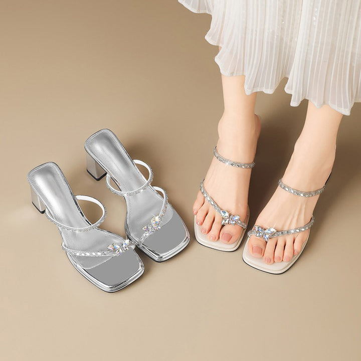 French-style square-toe rhinestone high heels