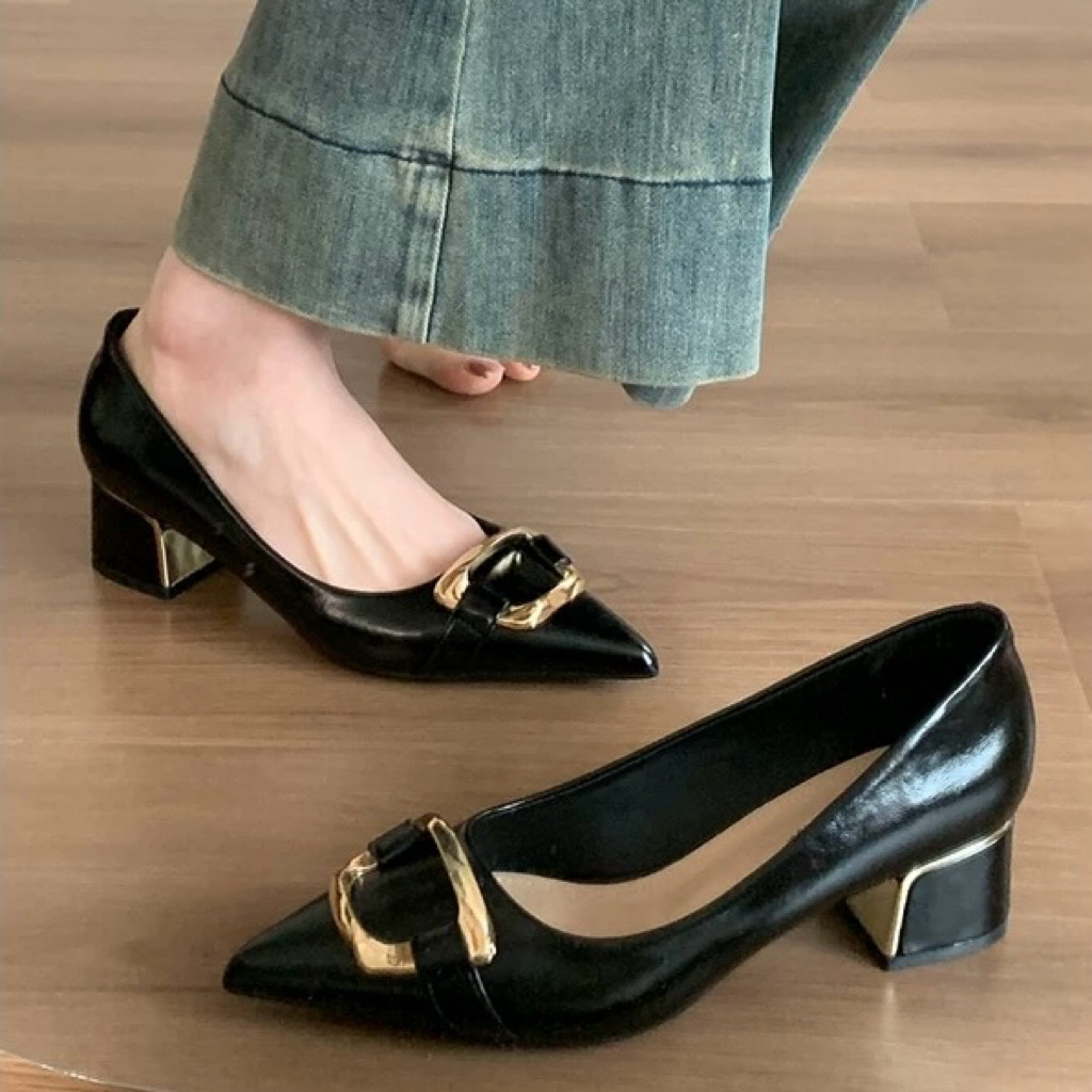 Classic Metal Buckle Pointed Toe Block Heel Shoes