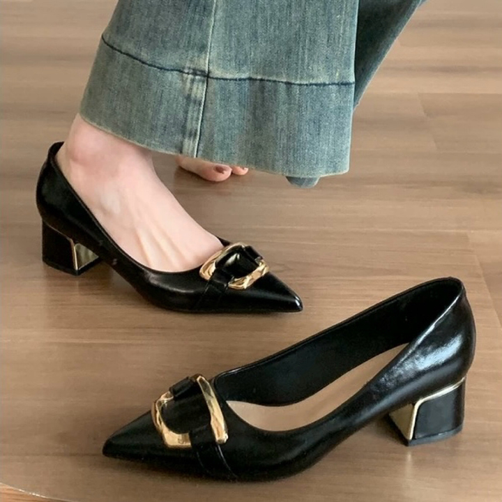 Classic Metal Buckle Pointed Toe Block Heel Shoes