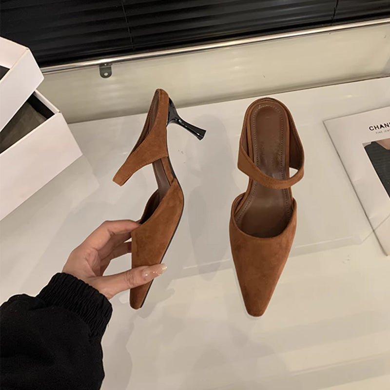 French-style pointed-toe high-heeled mules
