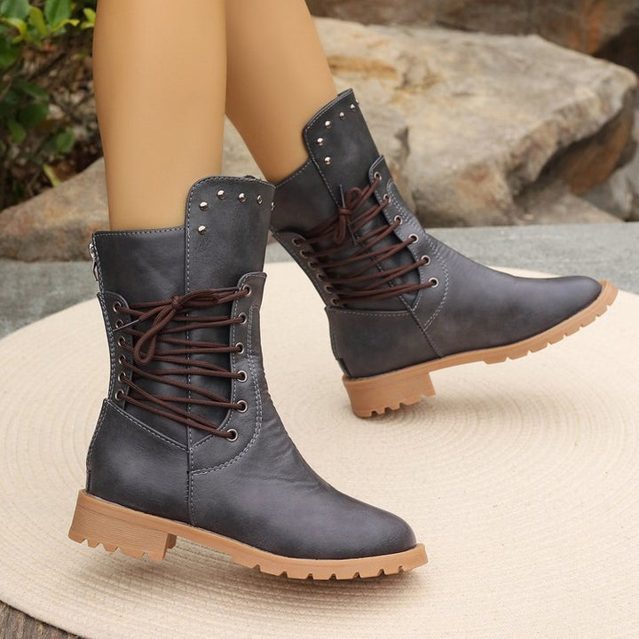 Womens Studded Lace‑Up Moto Mid Calf Boots