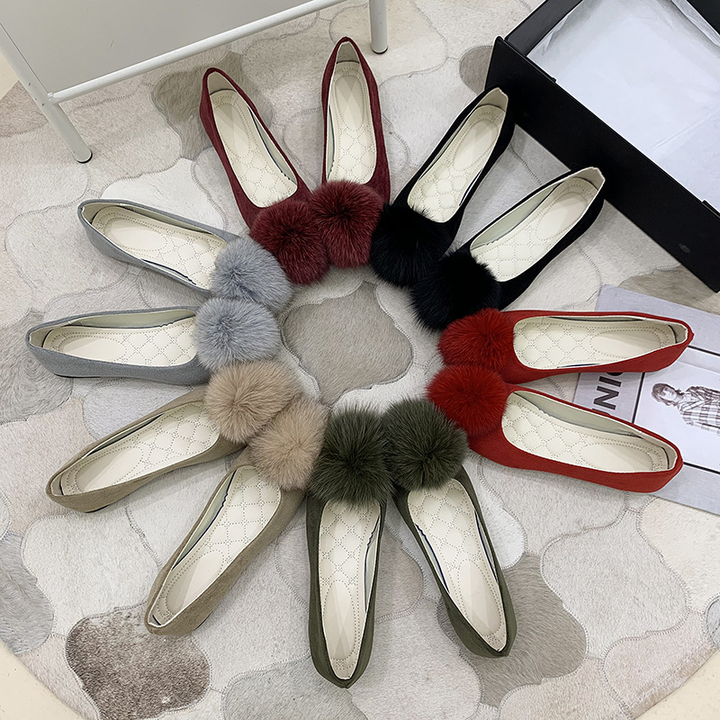 Ladies Cute Furry Pom Pom Ballet Flat Footwear