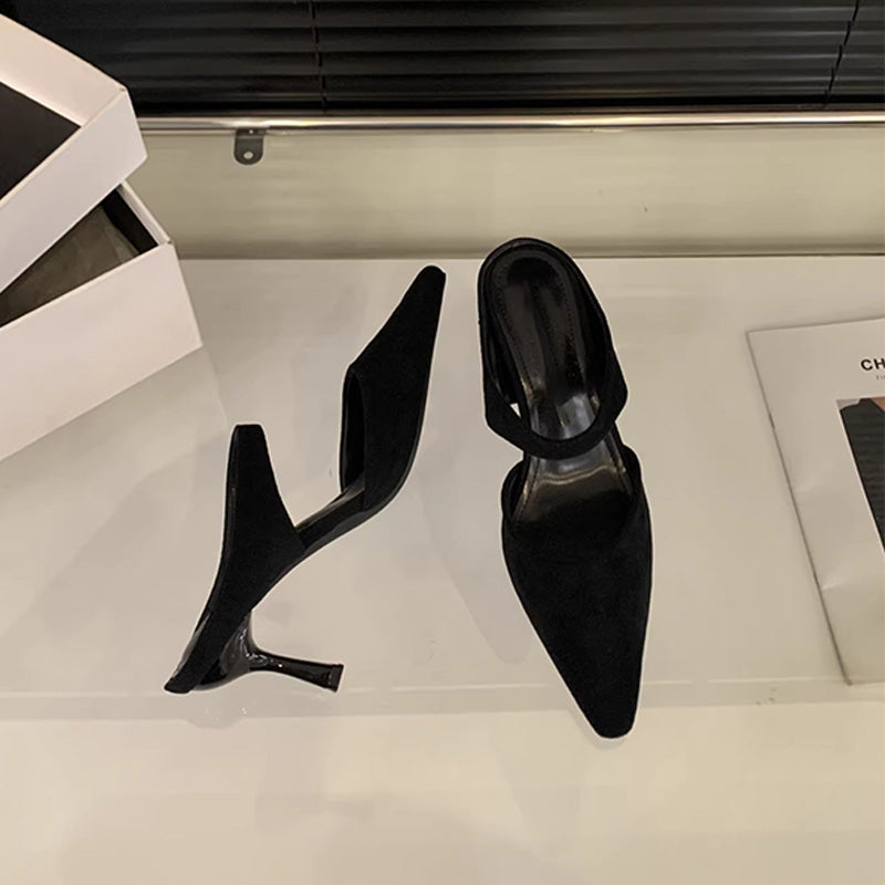 French-style pointed-toe high-heeled mules
