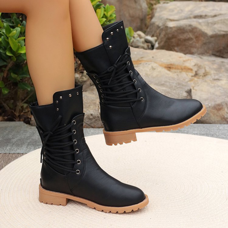 Womens Studded Lace‑Up Moto Mid Calf Boots