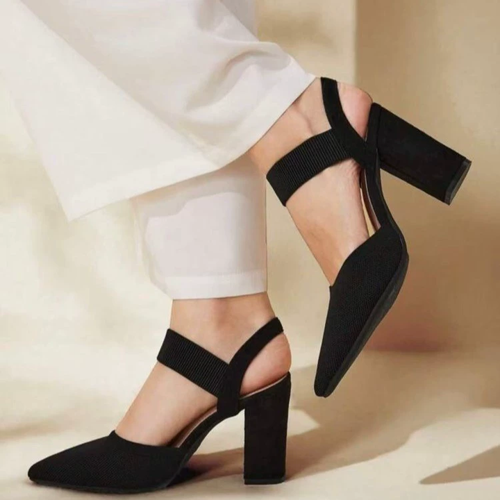 Pointed Toe Elastic Strap Block Heels