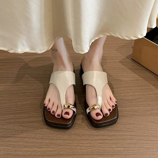 Minimal Gold Buckle Square Toe Flip Flops For Women