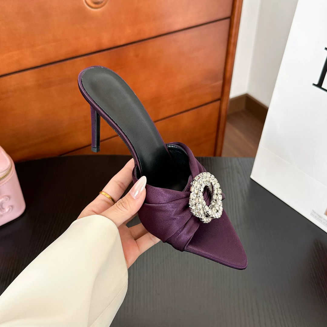 Satin Pointed Toe Rhinestone Circle High Heel Mules