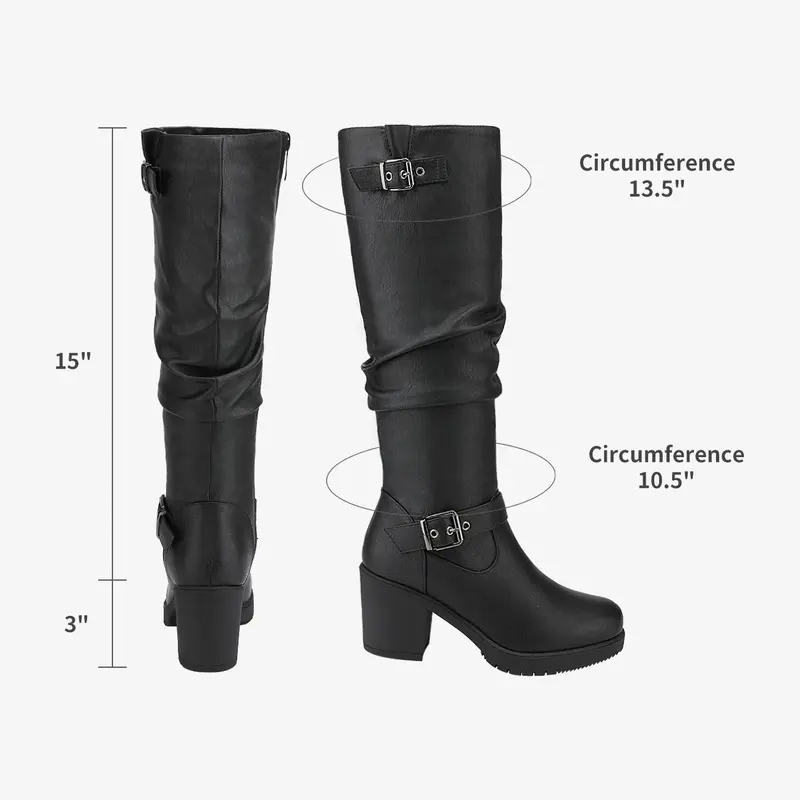 Buckle Ruched Knee High Block Heel Boots