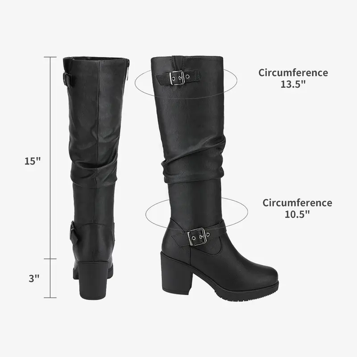 Buckle Ruched Knee High Block Heel Boots