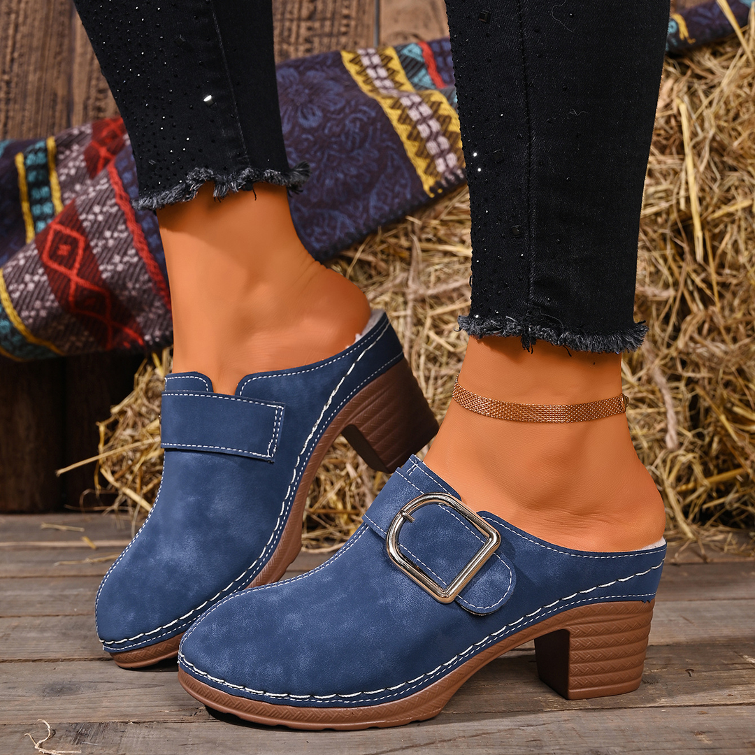 Warm Lined Buckle Decor Block Heel Clogs