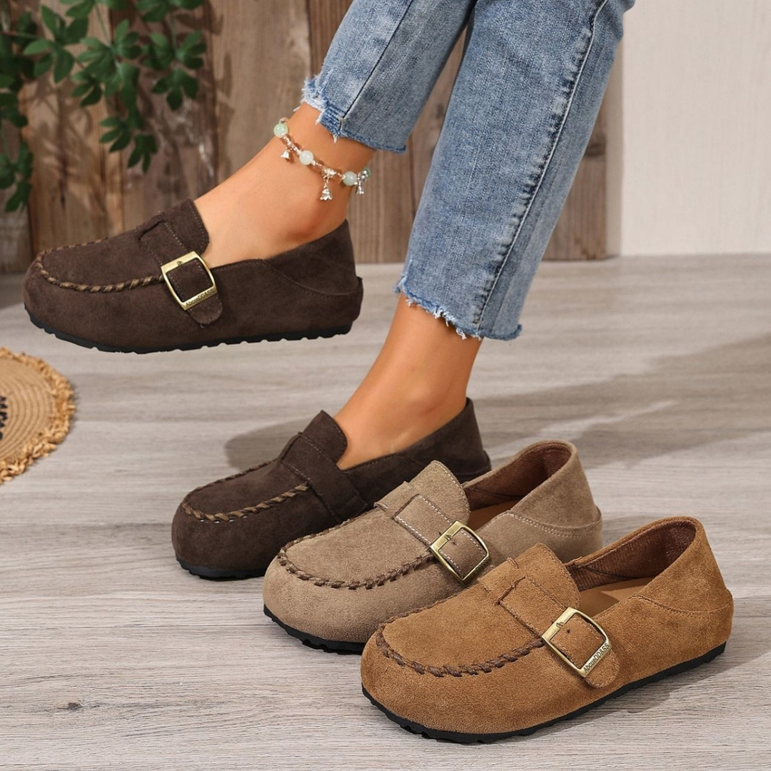Buckle Decor Stitched Slip On Flat Loafers For Women