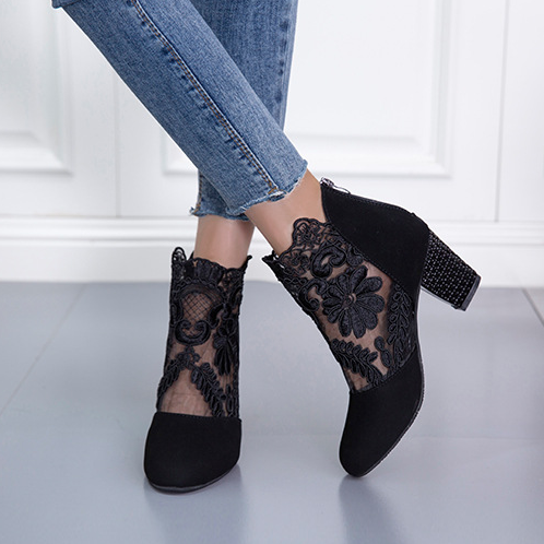See Through Floral Lace Mesh Rhinestone Block Heel Booties
