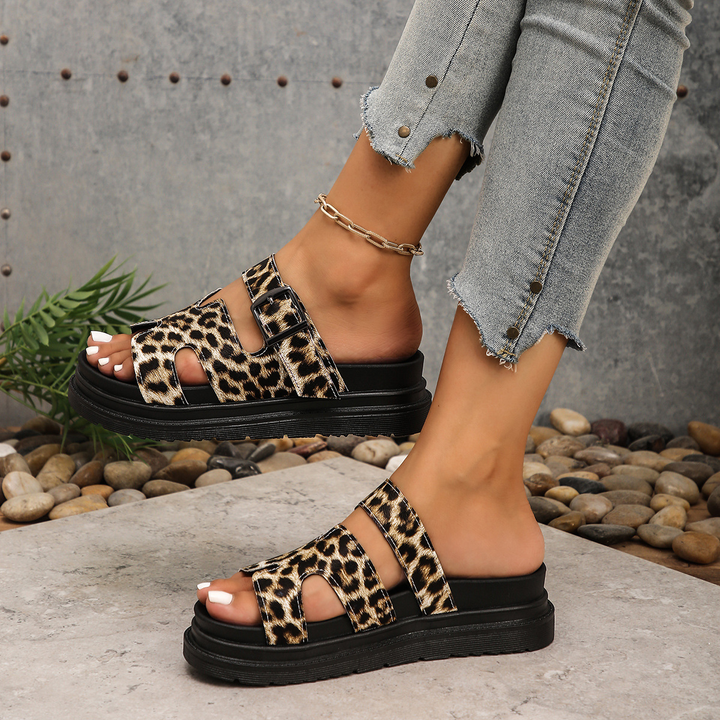 Leopard Print Buckle Strap Platform Slide Sandals